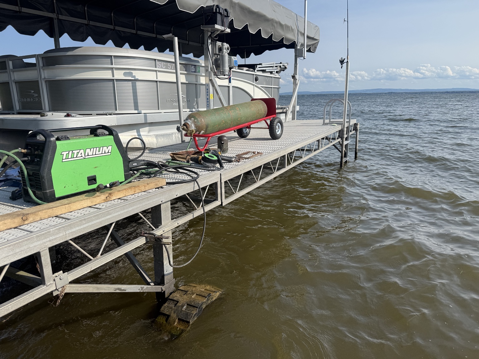 Aluminum welding equipment on a dock